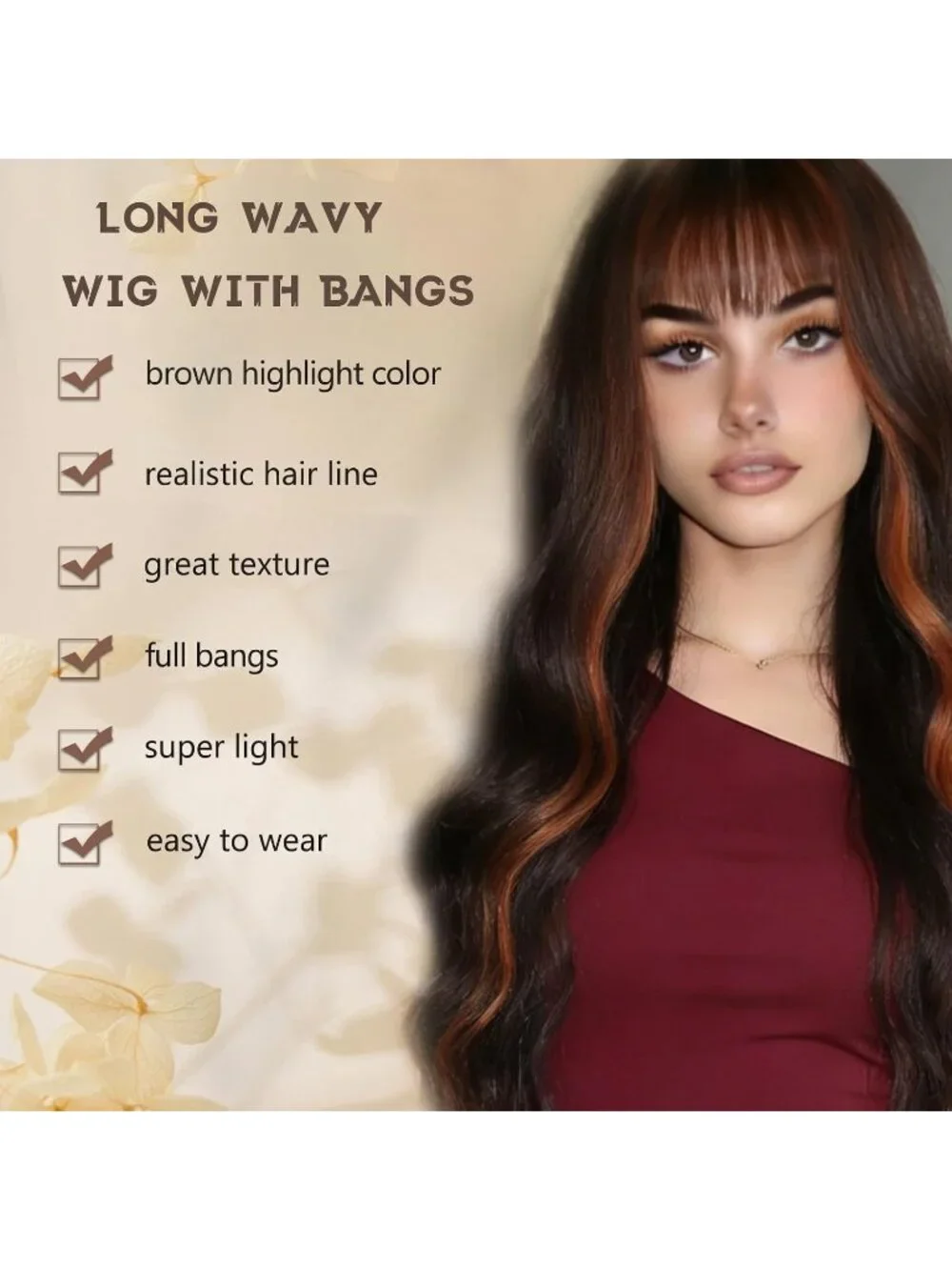 Women's Brown 26 Inch Natural Looking Heat Resistant Synthetic Wigs Bangs